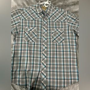 Size large gray blue men’s short sleeve wrangler snap button button down shirt